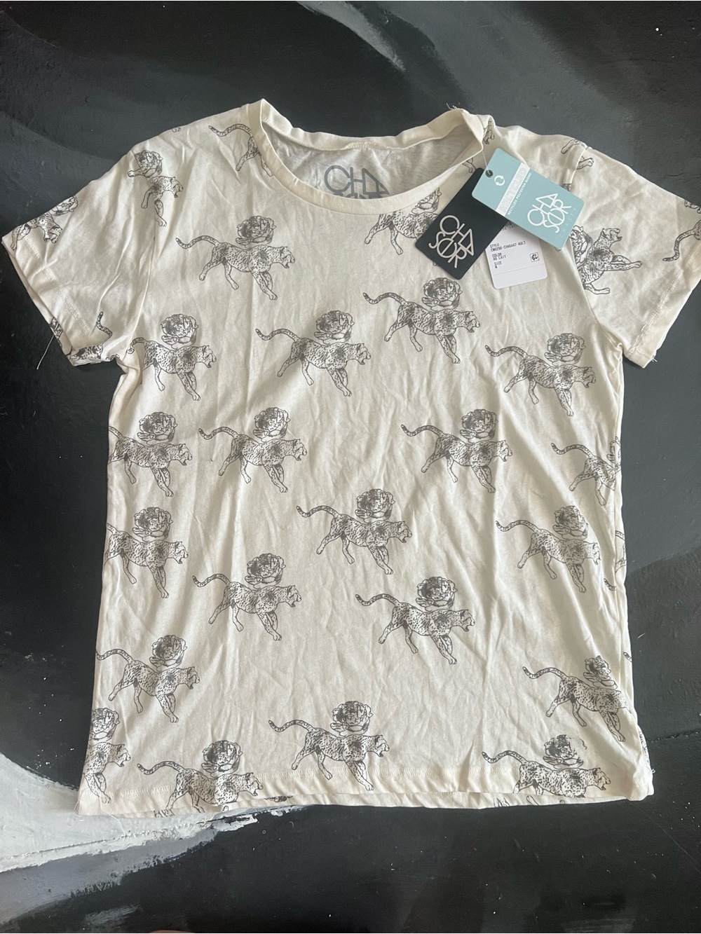 Chaser Cream Tee with Black cheetah and rose Sketches